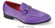 Purple loafer shoe with silver buckle.