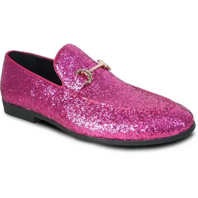 Bright pink glitter loafer with gold accent.