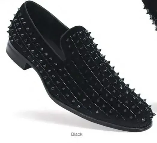 Black studded velvet loafer.
