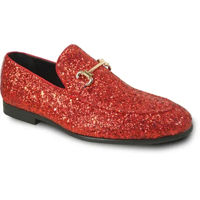 Red glitter loafer with a gold buckle.