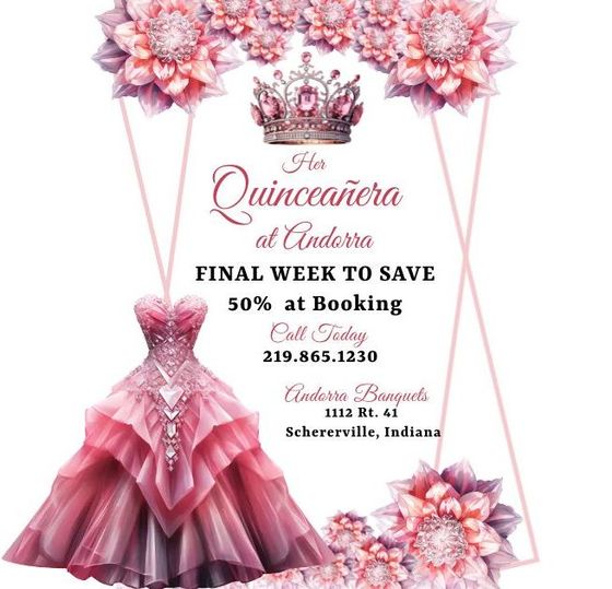 A quinceanera invitation with a pink dress and a crown.