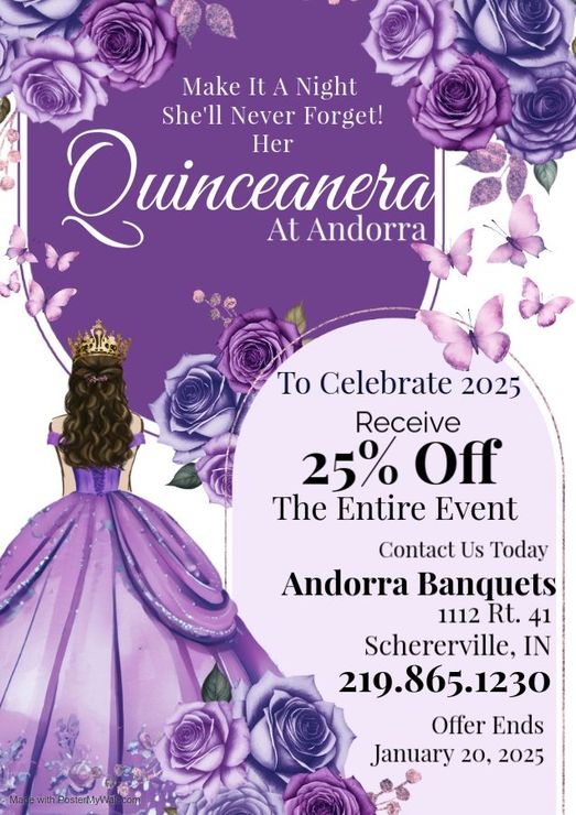 A quinceanera invitation with a girl in a purple dress and purple flowers.