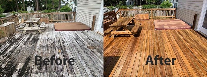 A before and after picture of a wooden deck.