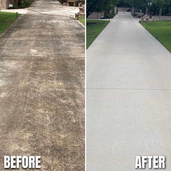 A before and after photo of a concrete driveway