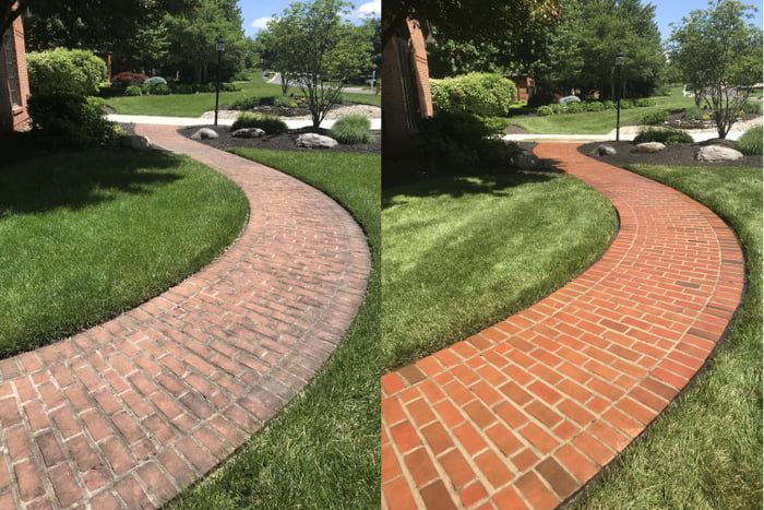 A before and after photo of a brick walkway.