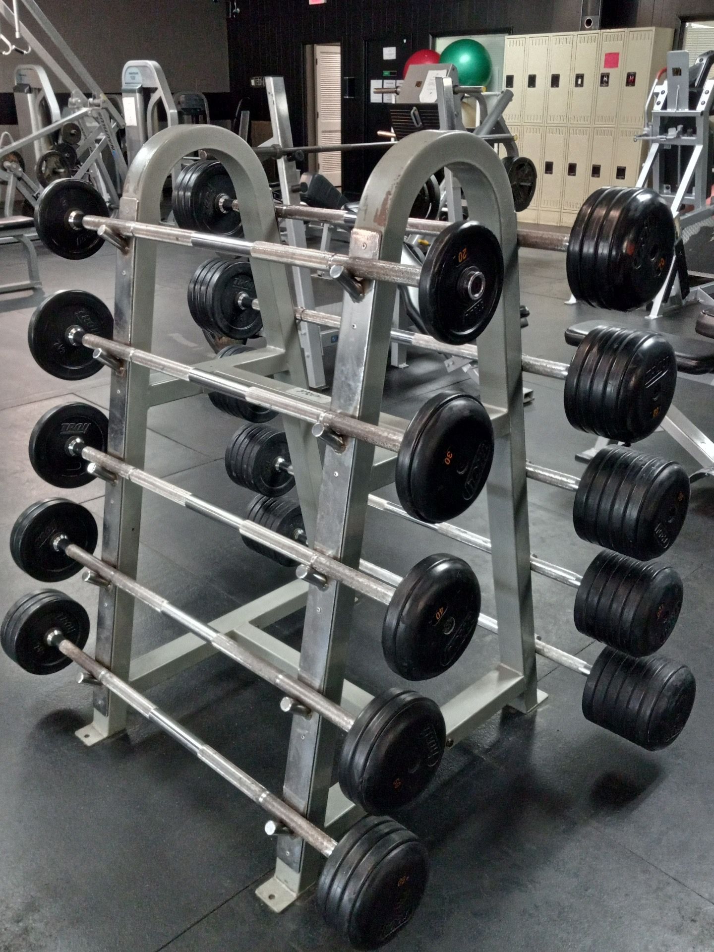 Weightlifting equipment in a gym. A rack holds barbells of various weights, with dark weights on the bars.