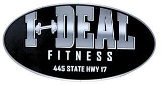 Black oval sign with "I-DEAL FITNESS" in silver letters. A barbell replaces the "L".  "445 STATE HWY 17" is at the bottom.