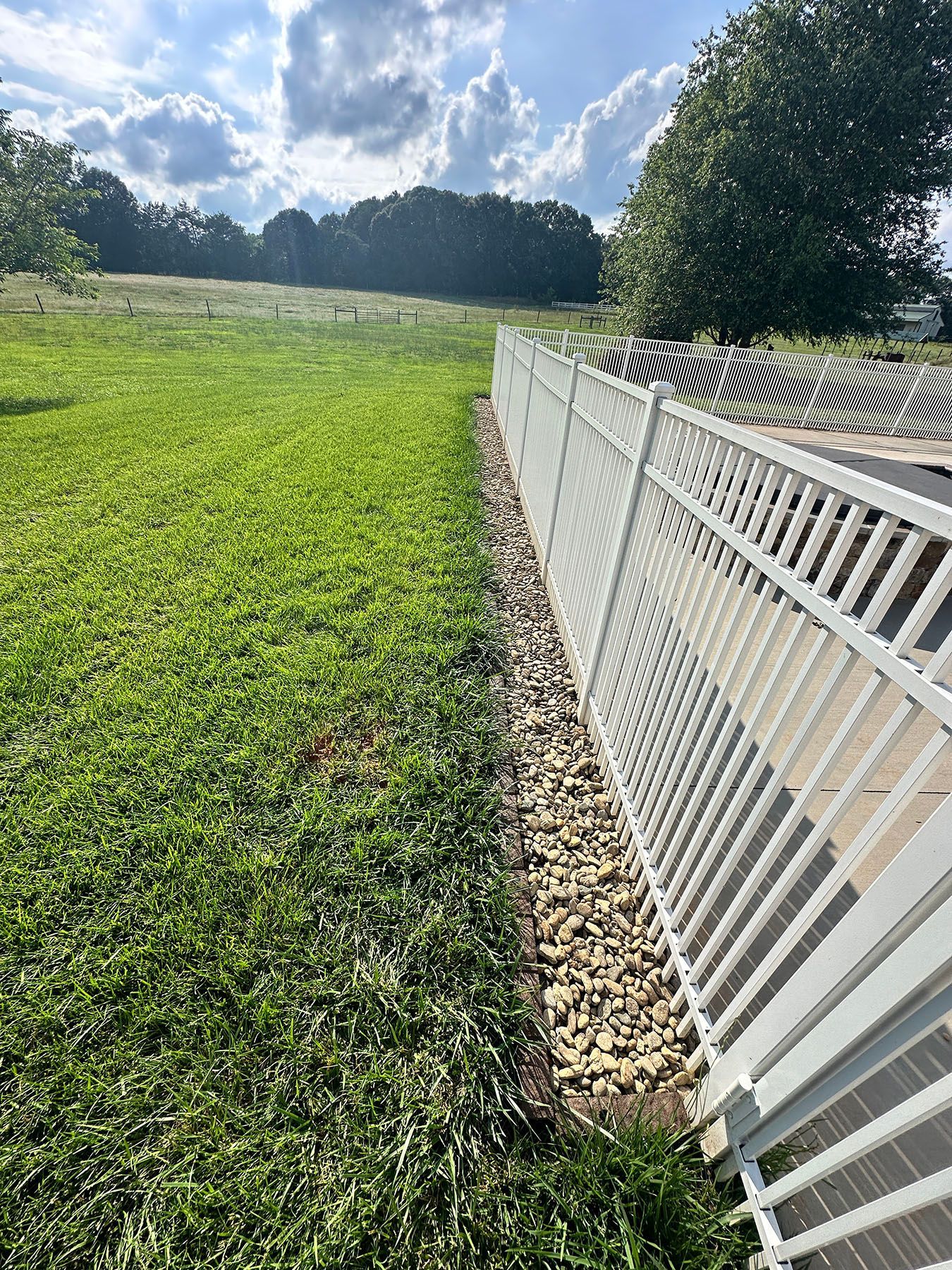 A white fence surrounds a grassy field with trees in the background.