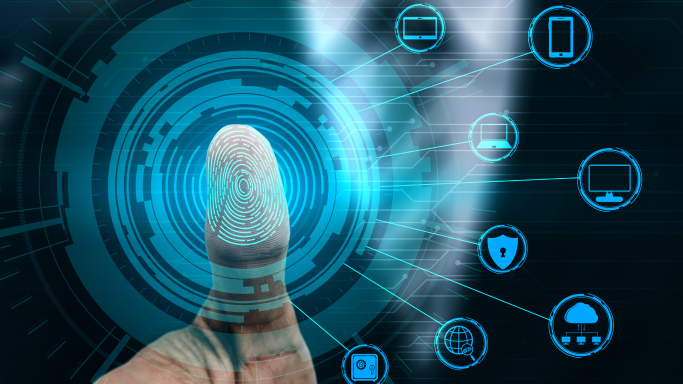 Fingerprint scan unlocking digital devices with a futuristic blue glow.