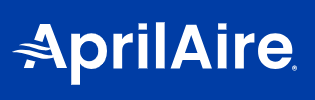 AprilAire logo with white text and air wave graphic on a blue background.