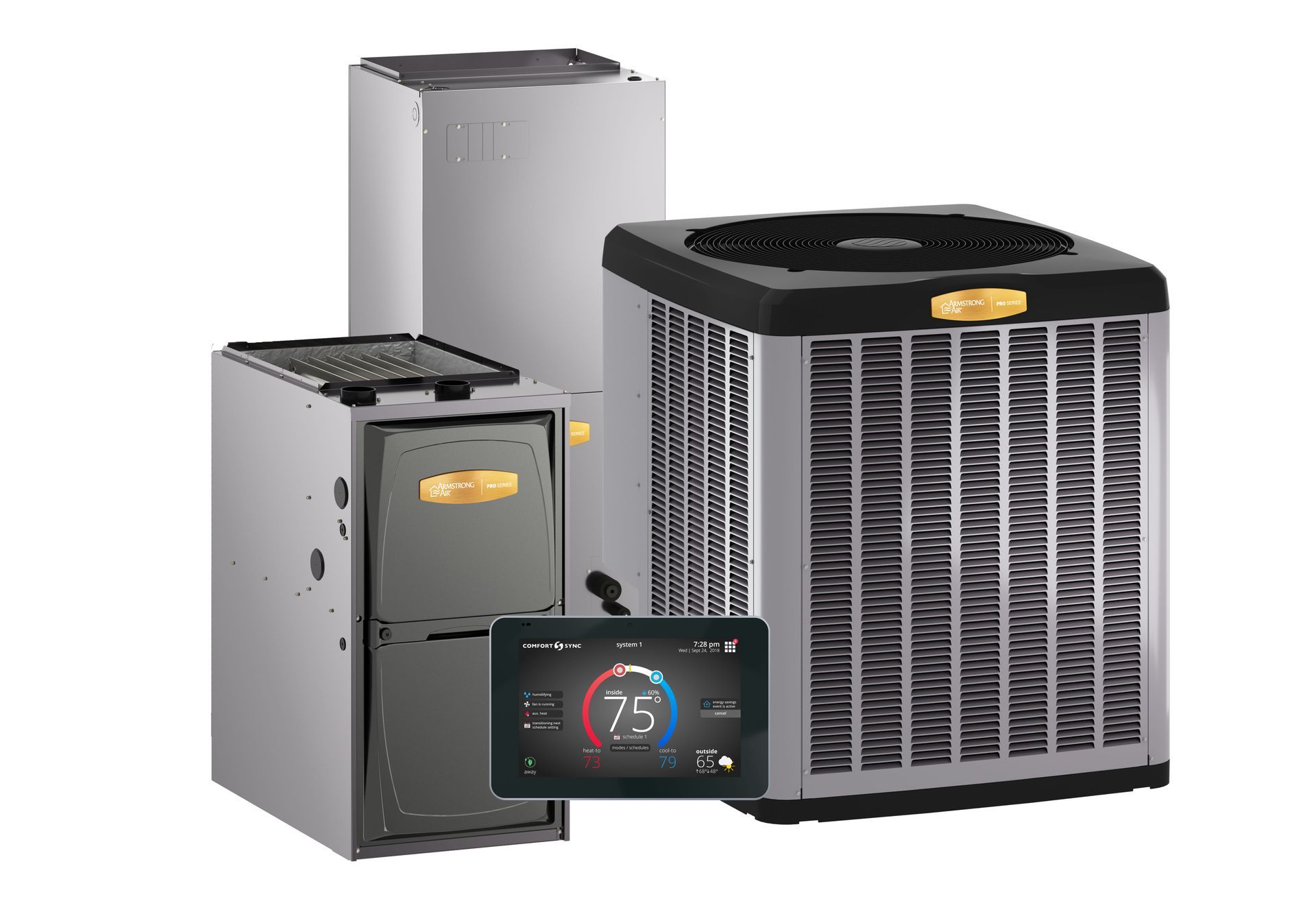 Heating and cooling system: Furnace, air conditioner, water heater, and digital thermostat display.