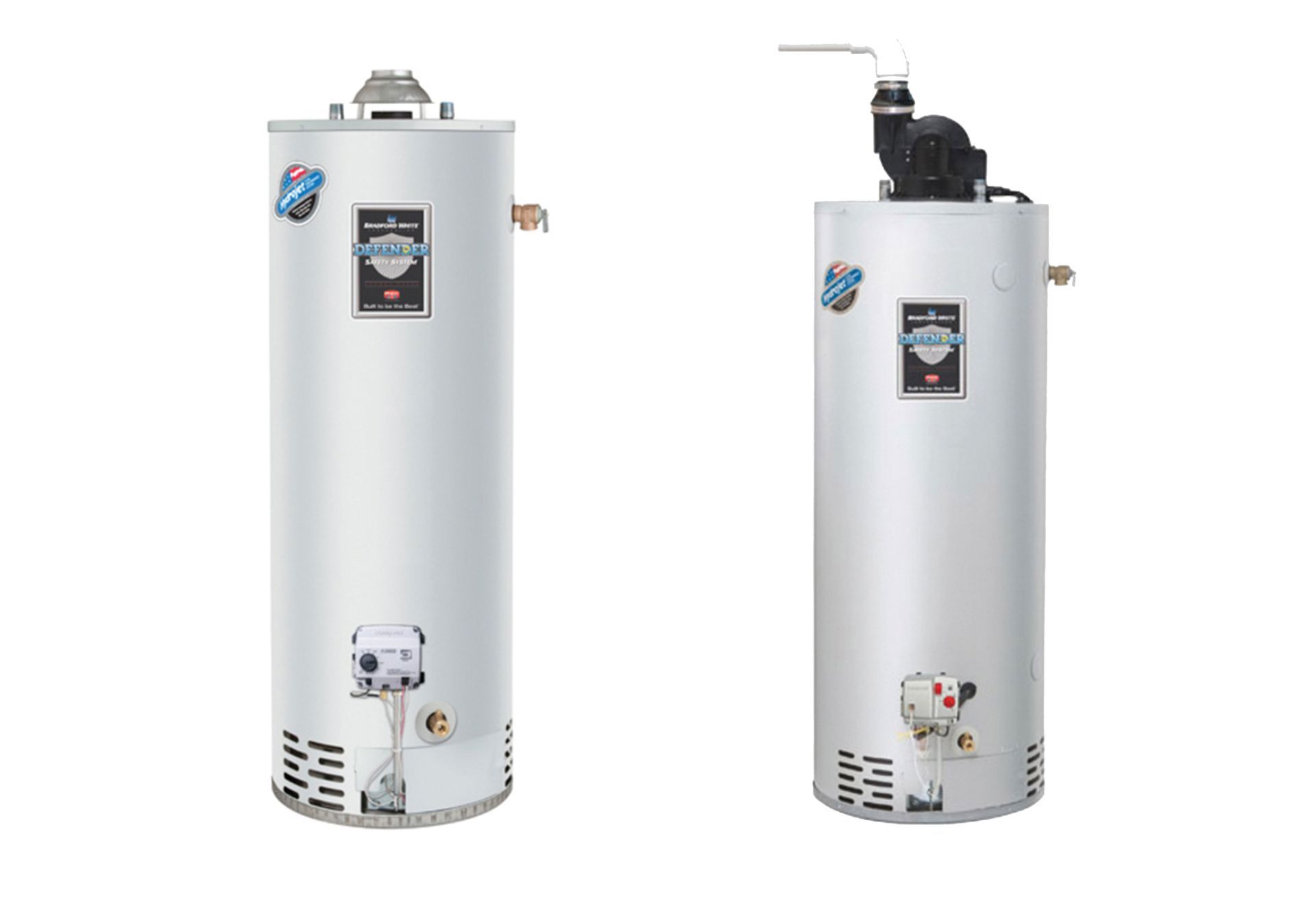 Two cylindrical, silver water heaters against a white background; one with a simple top, the other with a complex venting system.