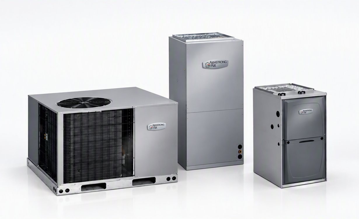 Armstrong Air HVAC units on white background with company logo and slogan