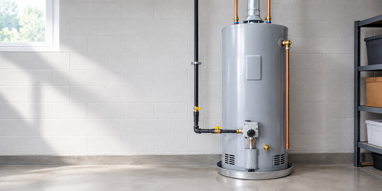 Gray water heater in a bright utility room.