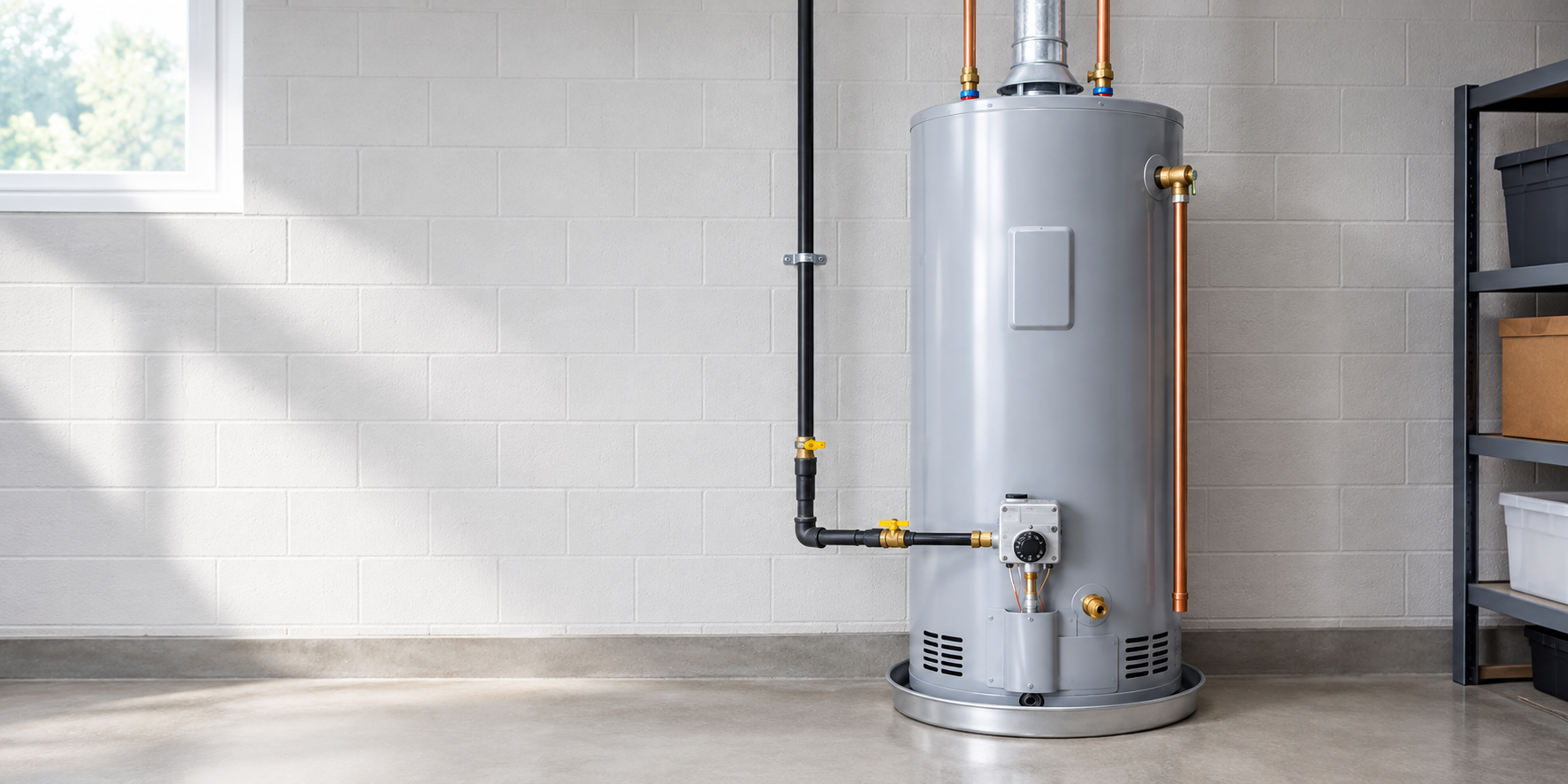 Gray water heater in a bright utility room.