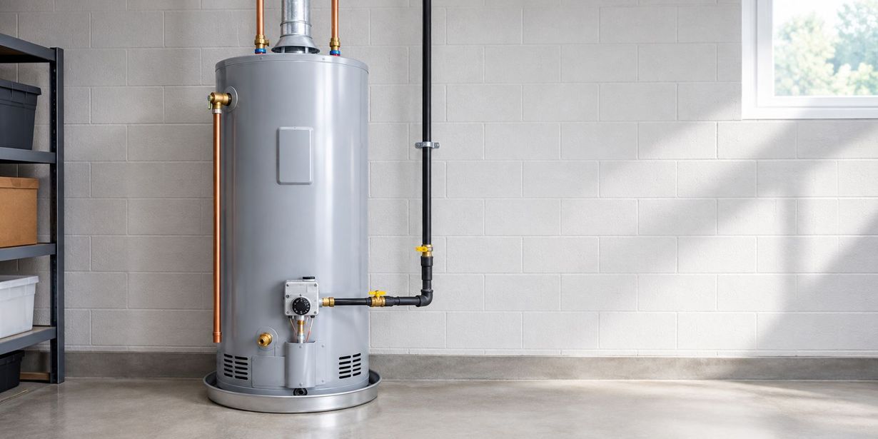 Gray water heater tank in a tiled utility room with exposed pipes