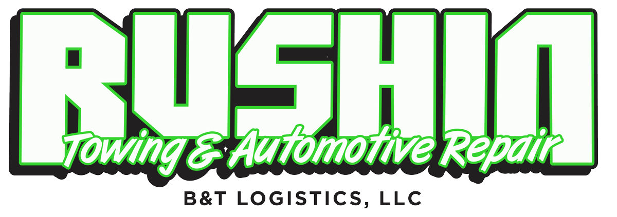 A logo for rush towing and automotive repair b & t logistics , llc