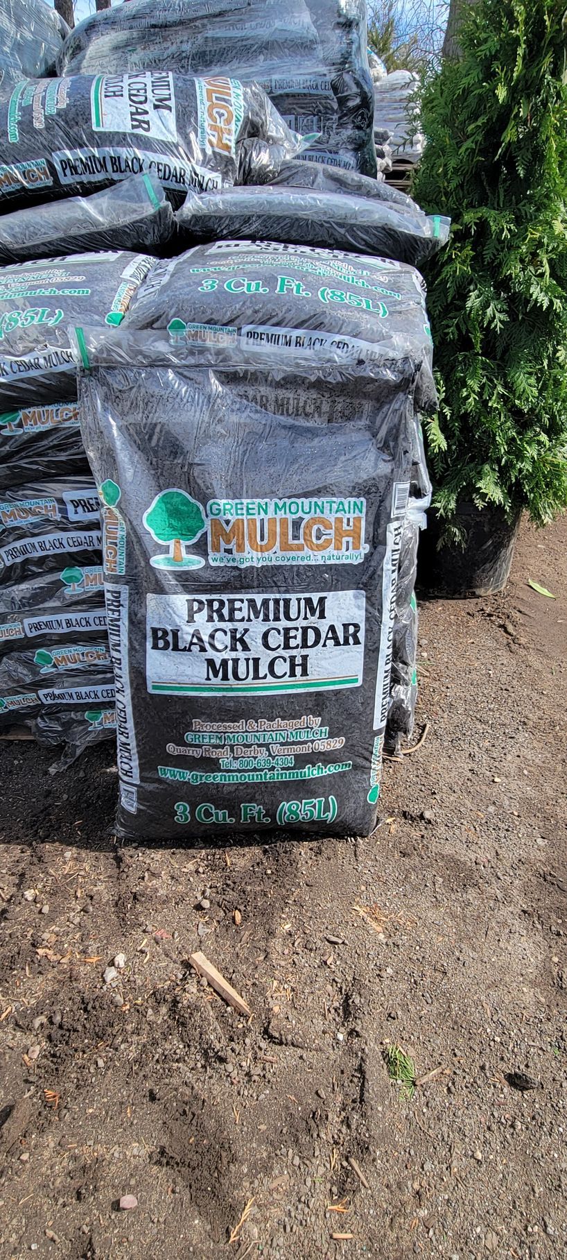 A bag of black cedar mulch is sitting on top of a pile of mulch.