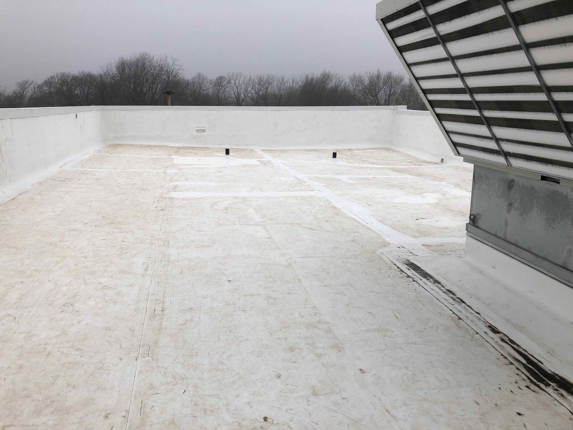The roof of a building with a white roof and trees in the background.