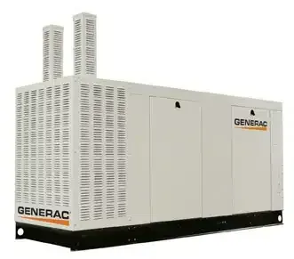 An industrial Generac standby generator with a white metal enclosure and two exhaust stacks, set against a white background.