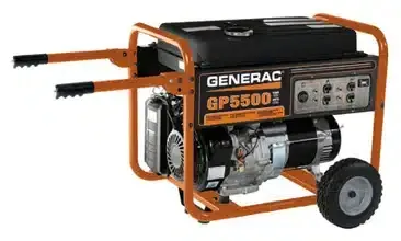 A portable Generac GP5500 generator with an orange frame, two wheels, and extended handles.