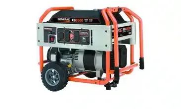 A Generac XG6500 portable generator with an orange frame, black fuel tank, and a single wheel on the left side.