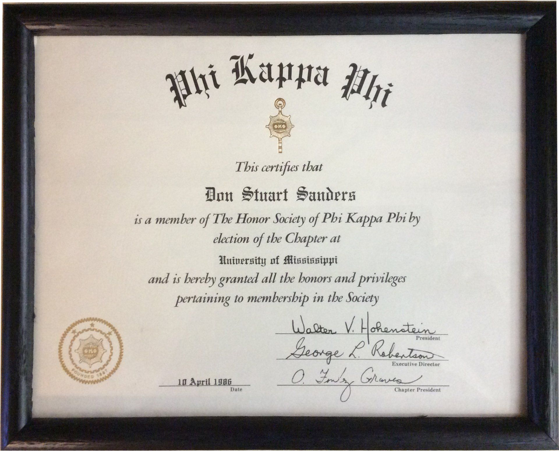 Phi Kappa Phi Certificate