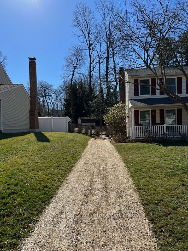 There is a gravel path leading to a house.