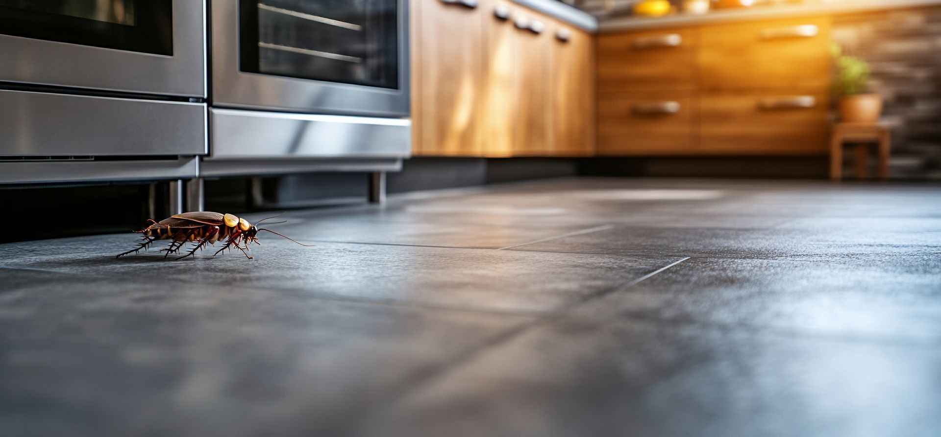 A cockroach crawls across the floor of a modern kitchen near stainless steel appliances.