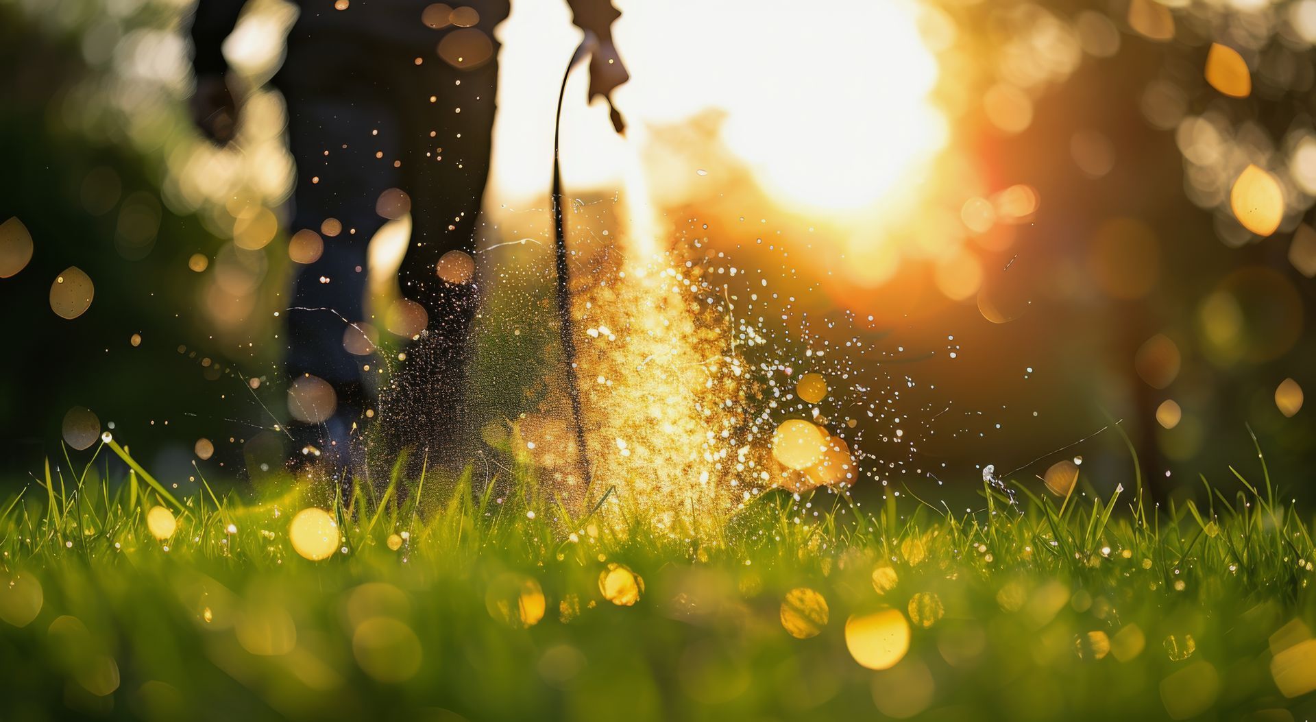 Tree trunk surrounded by dark mulch, ringed by dead grass, set in green lawn.