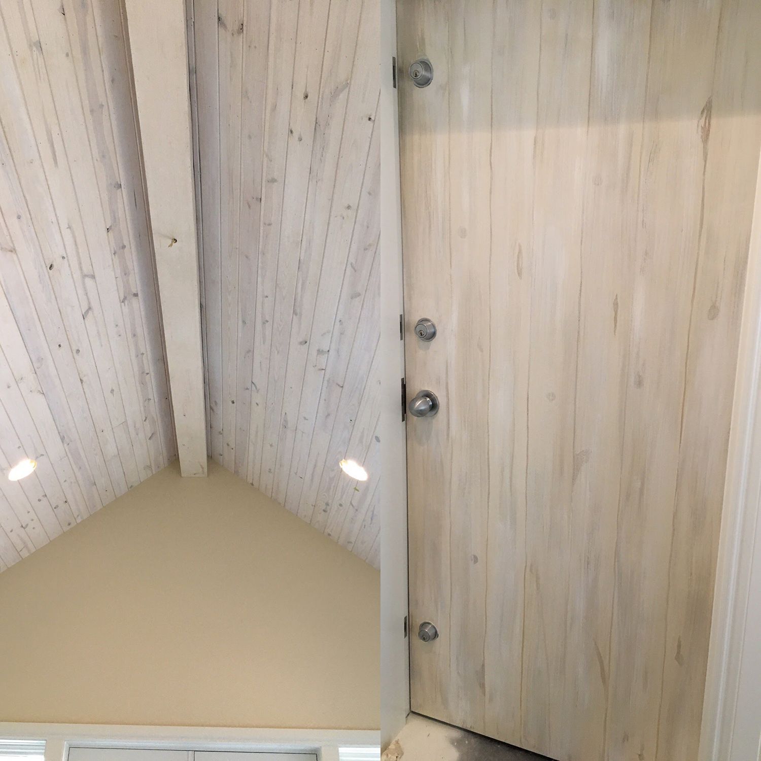 Interior view: light wood door and sloped ceiling with exposed beams and recessed lighting.