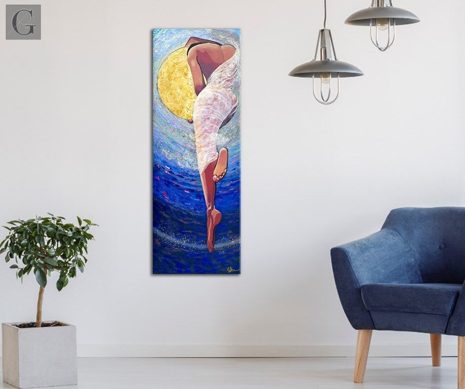 Painting of a figure diving into blue water with a yellow circle in the background; modern living room setting.