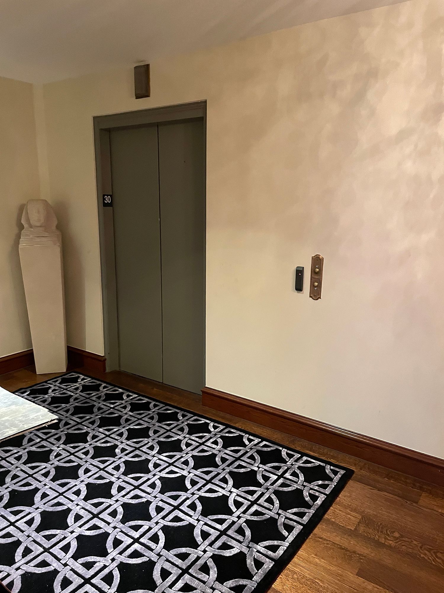Hallway with closed elevator doors, patterned rug, and wall-mounted call buttons.