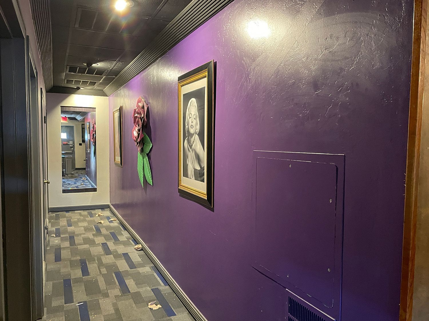 Purple hallway with artwork, dark ceiling, and patterned carpet.