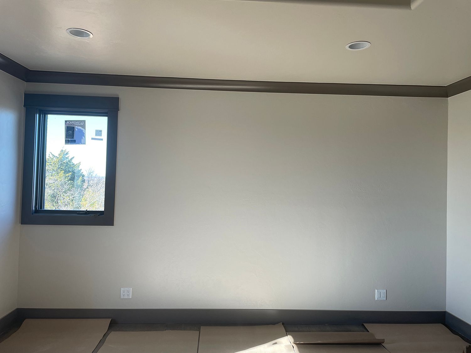 Empty room with window, light walls, dark trim, and cardboard on floor.