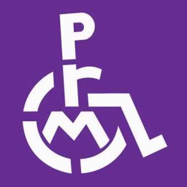 White accessible parking symbol with "P/M" in the center on a purple background.