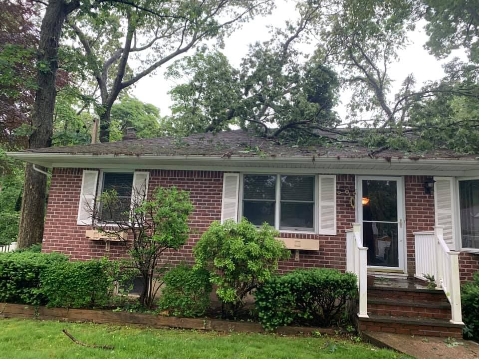 Tree branches on the roof of a brick house, likely storm damage.
