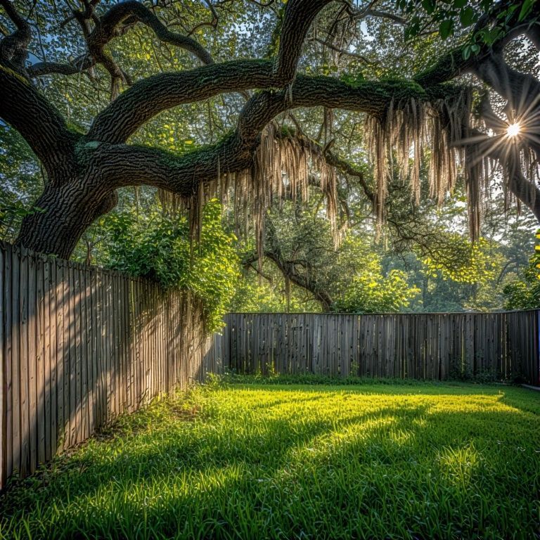 A sunny backyard with a wooden fence, green grass, and a large tree with Spanish moss.