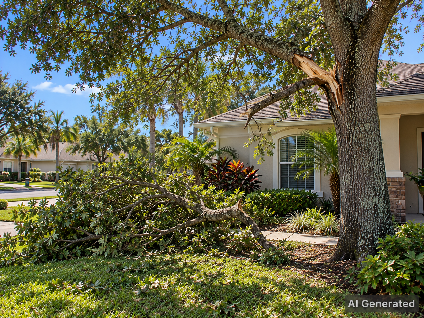 AI Illustration of a fallen limb in a Tampa, Florida yard.