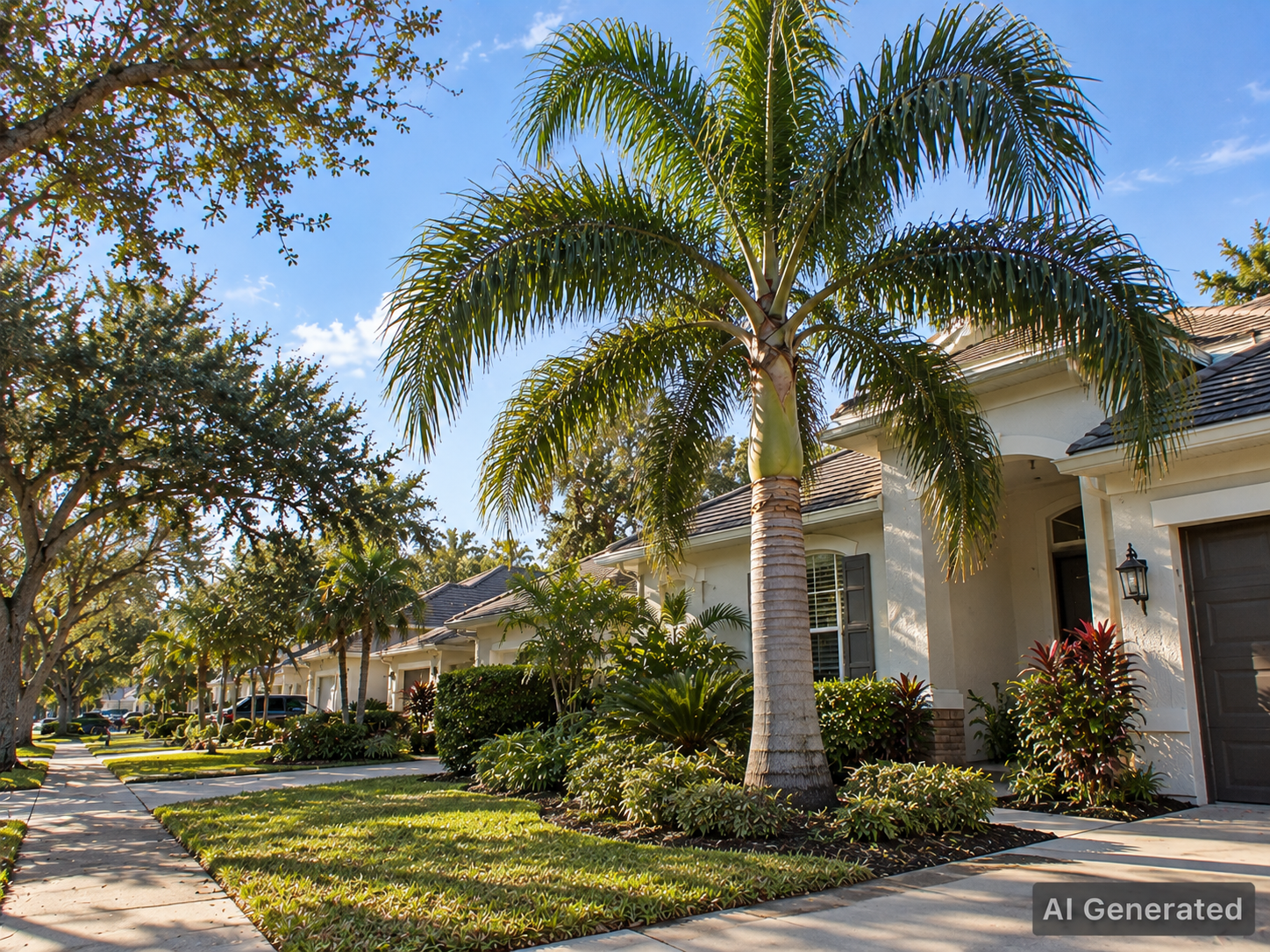 AI Generated image of a healthy, well maintained, palm tree in front of a Tampa Home.