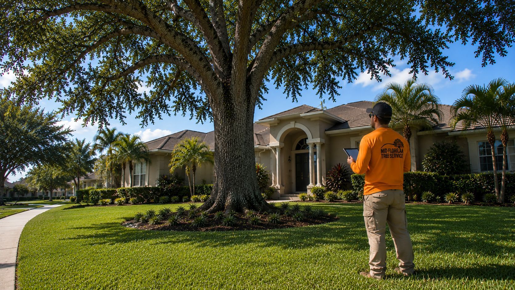 AI Generate image of a Mid Florida Tree Service worker inspecting a tree.
