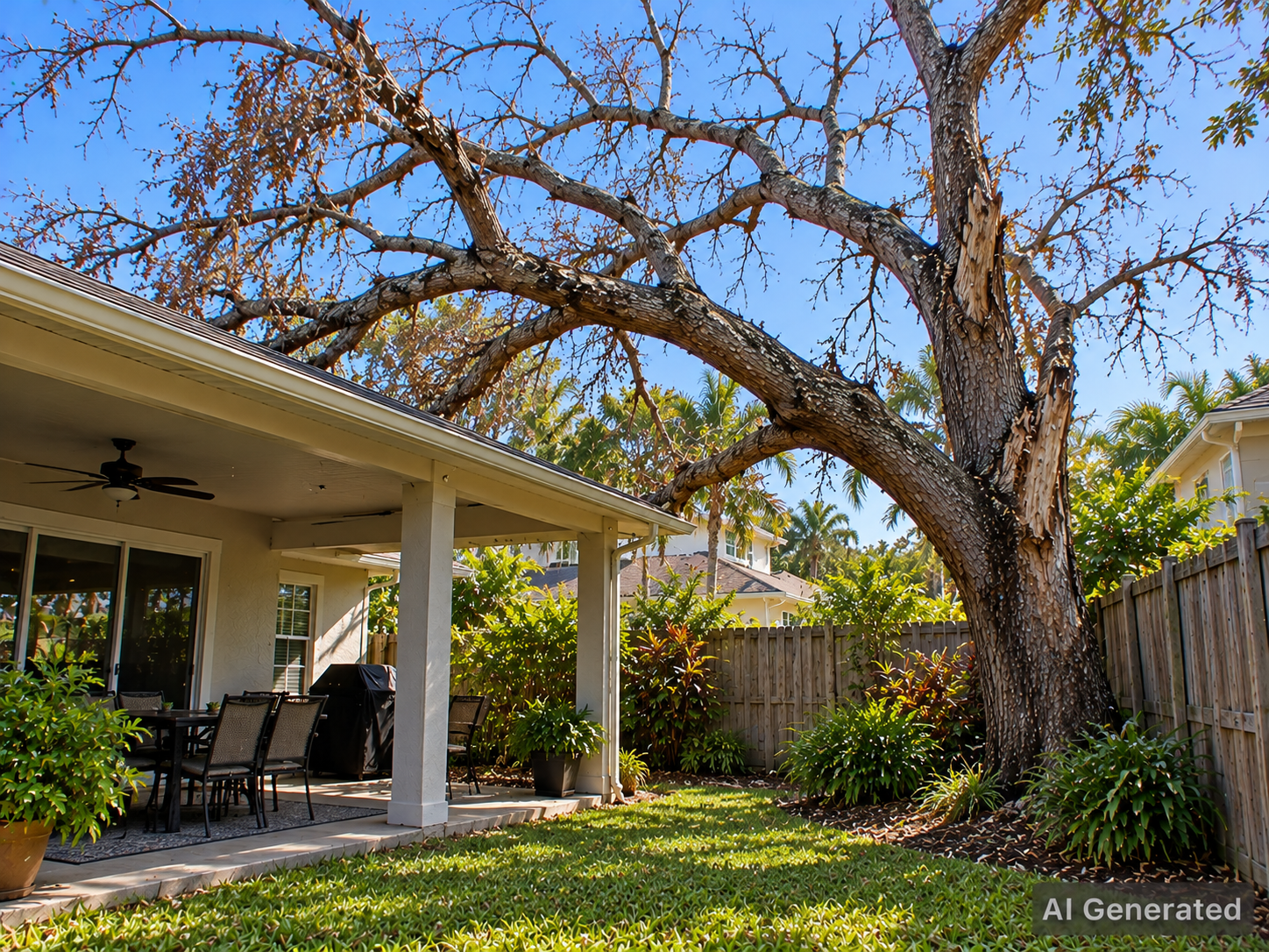 AI Generated tree to be removed. It is near a fence and overhangs the house.
