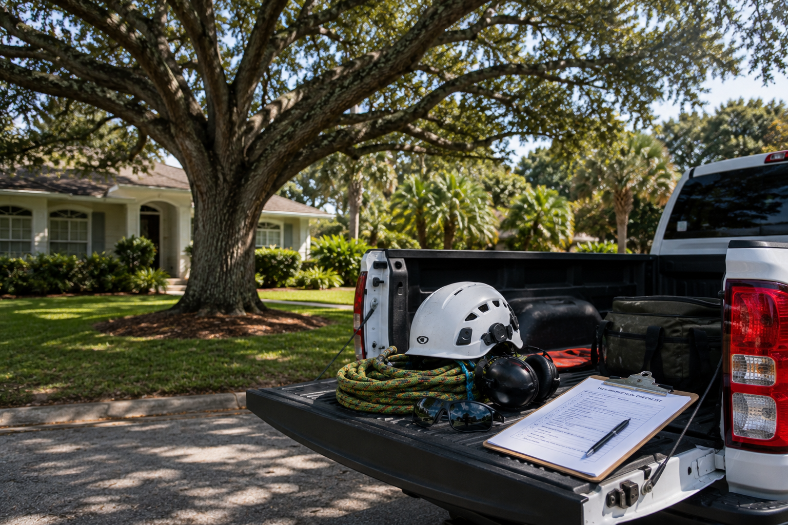 AI image of Pickup tailgate with work items in front of a Tampa home with a large live oak tree