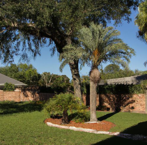 A backyard with green grass, palm tree, and brick wall under a blue sky.