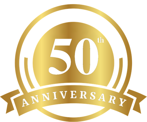 Golden 50th Anniversary logo with a banner that reads Anniversary.