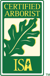 Certified Arborist logo with green frame, text, and oak leaf graphic; ISA logo at the bottom.
