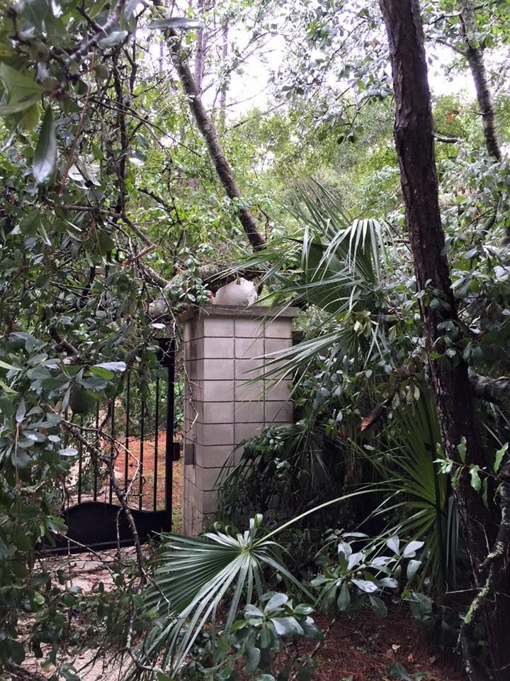 Brick pillar with a white cap, holding a gate in a wooded area. Lush greenery surrounds the pillar.