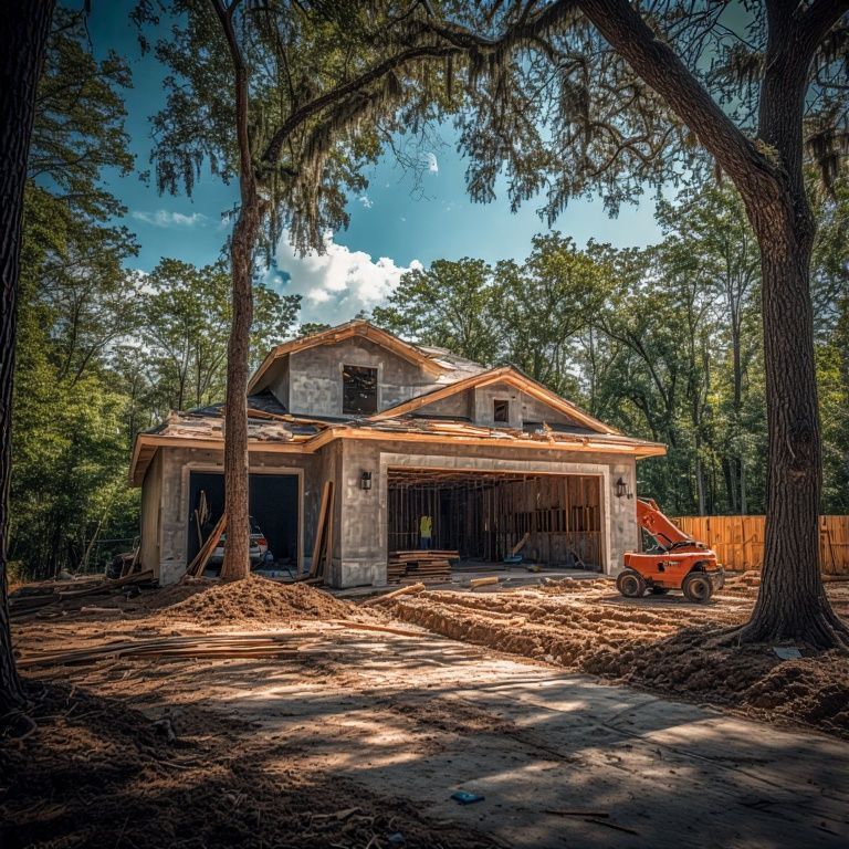 New house under construction in a wooded area with an orange forklift.