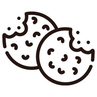 Two bitten chocolate chip cookies, one overlapping the other, in brown line art on a white background