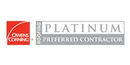 Owens Corning Platinum Preferred Contractor logo: red square with Owens Corning and a pink oval shape, silver rectangle with text.